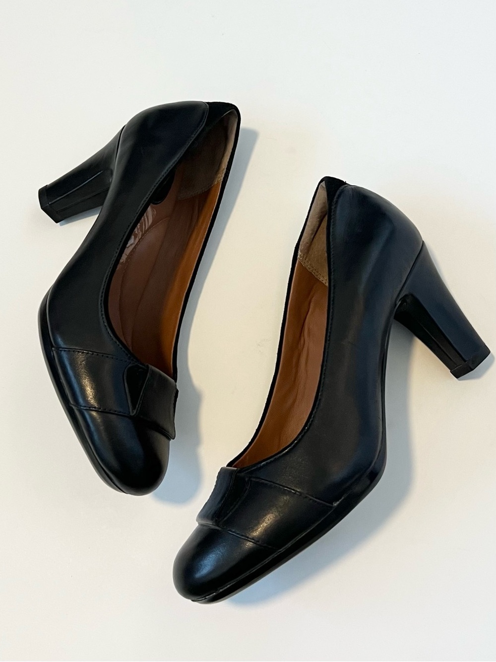 Clarks Black Leather Classic Block Heel Pumps
